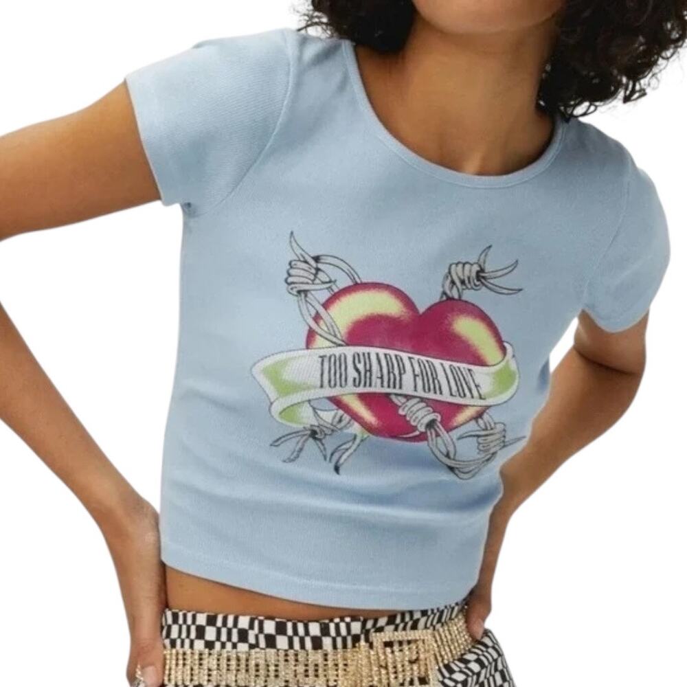 Daydreamer Too Sharp To Love Baby Tee XS Ribbed Graphic Heart Tattoo Grunge Flaw